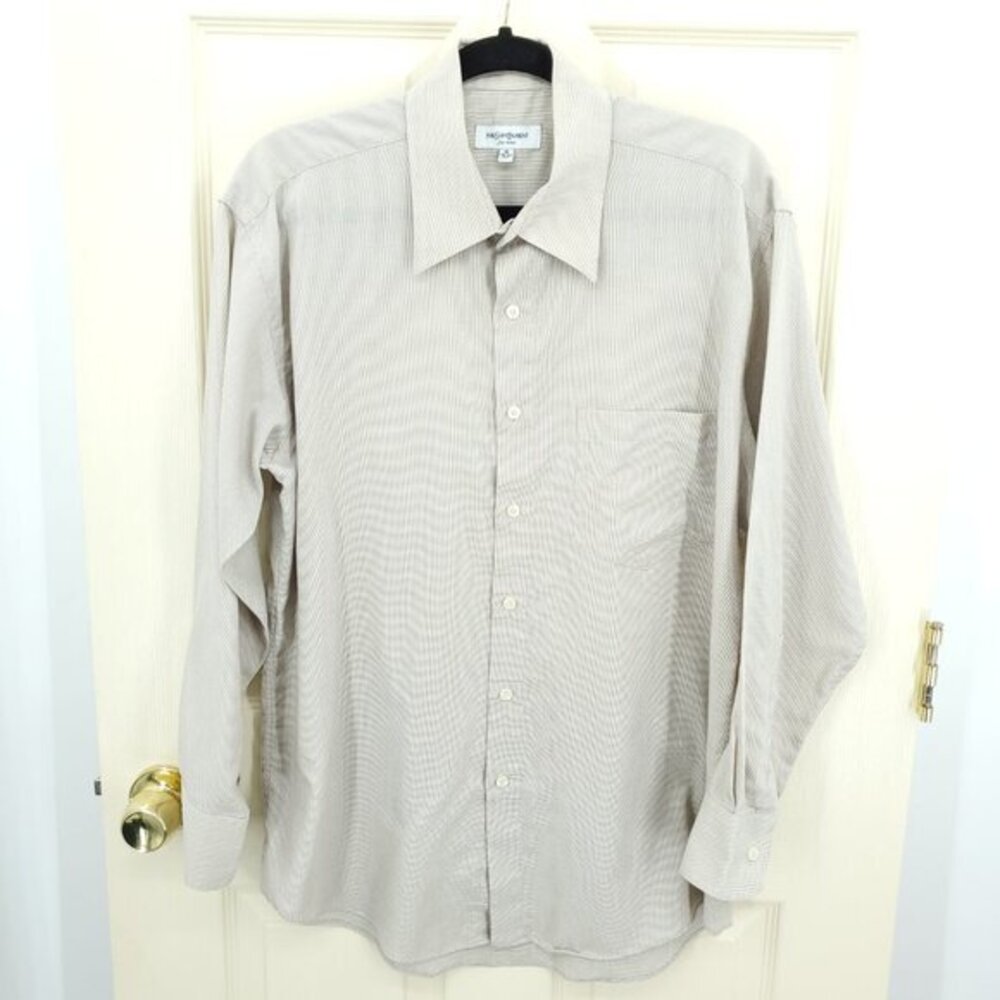 Yves Saint Laurent Men Casual Cotton-Blend Button Down Shirt L Cream/Tan